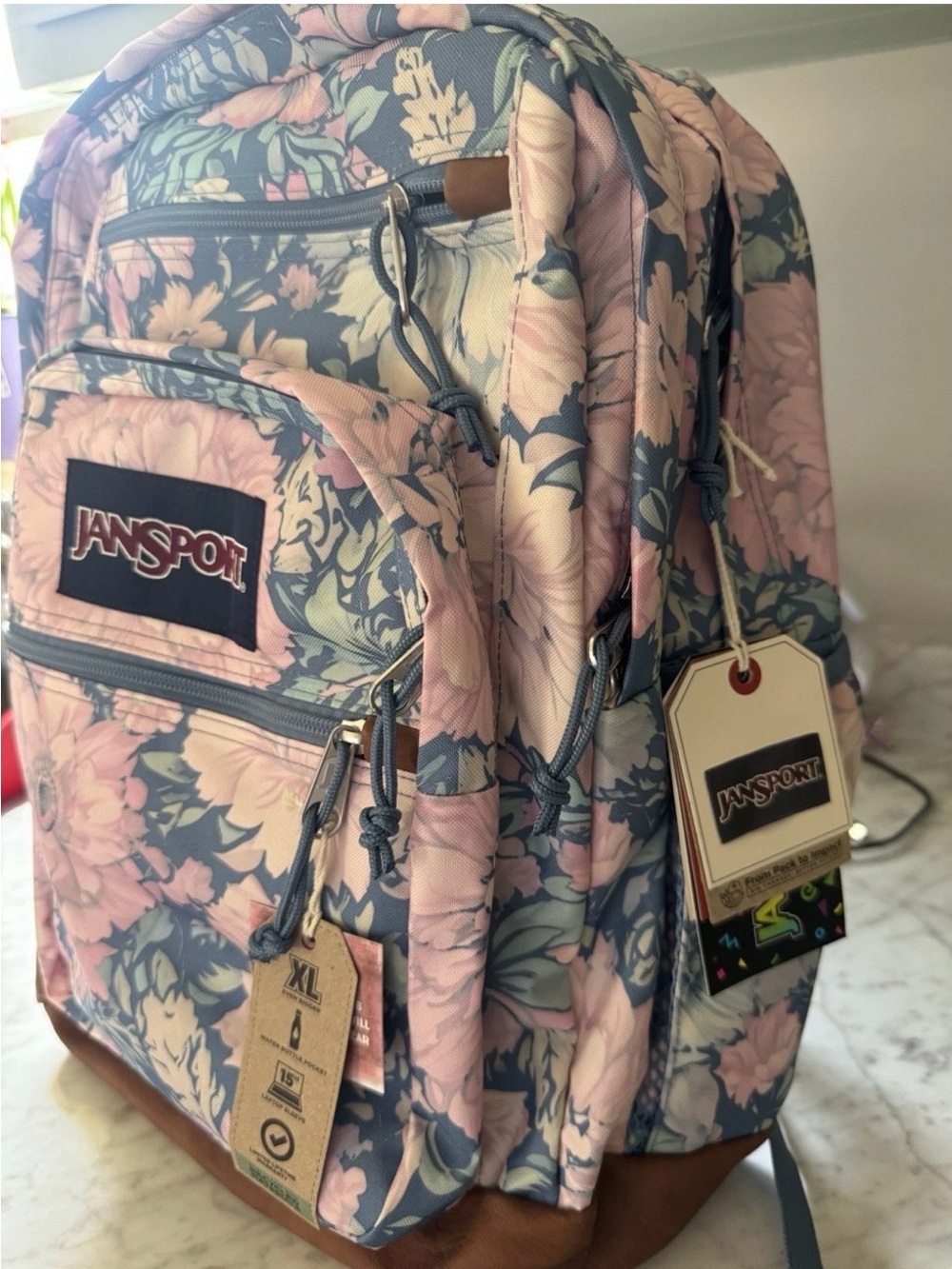 Jansport Pink and Blue Floral Backpack with Brown Base - Picture 3 of 6